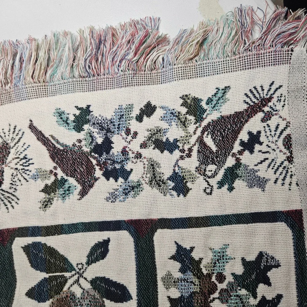 Vtg Goodwin Weavers Cotton Tapestry Throw Blanket Birds Fruit Botanical‎ USA